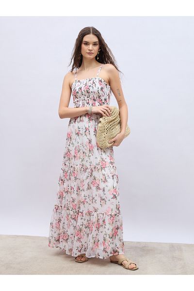 Styli Tie Strap Floral Tiered Maxi Dress
