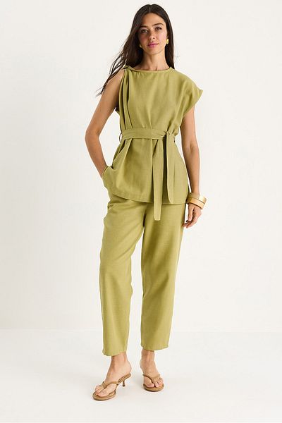 Bianco Lucci Women's Shoulder Knot Detailed Belted Linen Top-Top Set 9369 60281075