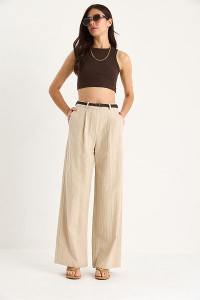 Bianco Lucci Women's Straw Belted Pocket Detailed Striped Linen Palazzo Trousers 3434 60283437