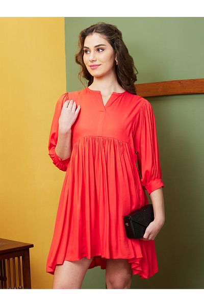 Globus By Styli Women Orange Solid Gathered A-Line Mini Dress