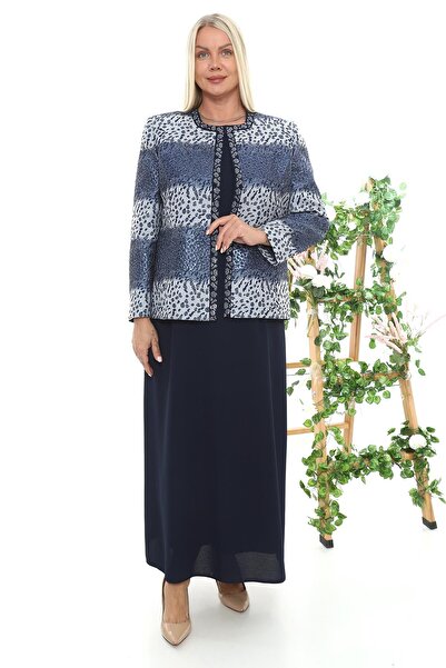 MİSS DİAMOND فستان معطف مطرز باللون الأزرق الداكن مقاس كبير