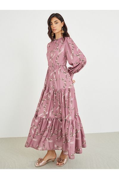 Styli Printed Balloon Sleeves Tiered Maxi Dress