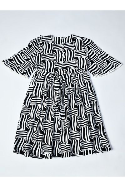 Bella Moda By Styli All-Over Print Lace Trim Cotton Dress with 3/4 Sleeves