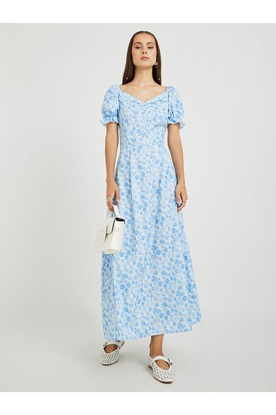 Styli Floral Print Puff Sleeve A-Line Midi Dress