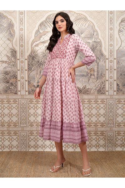 Vishudh By Styli Women Pink Ethnic Motifs Printed A-Line Midi Dress