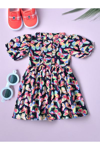 Bella Moda By Styli All-Over Butterfly Print Balloon Sleeves Dress