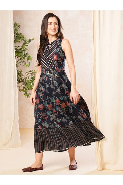 Globus By Styli Women Blue Floral Print Tie-Up Neck A-Line Midi Dress