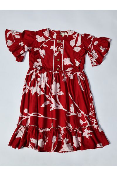 Bella Moda By Styli Floral Print Short SleeveÂ Cotton Dress with Ruffle Trim