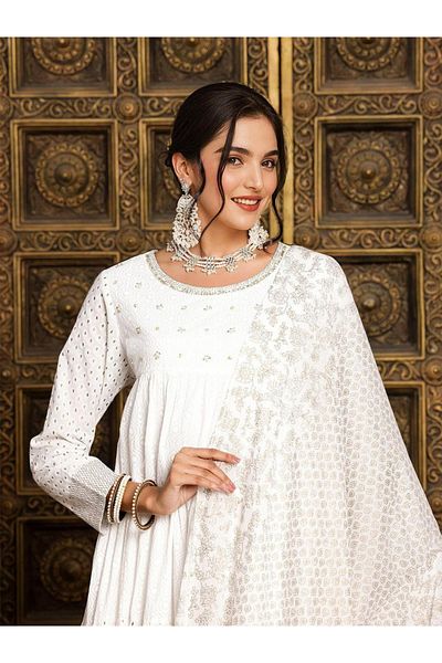 Ishin By Styli Women White Self Design Cotton A-Line Midi Dress