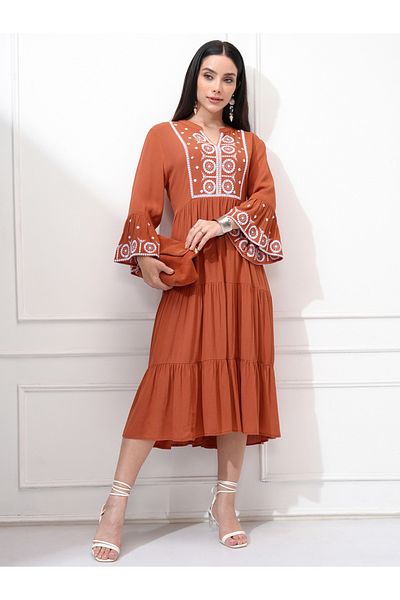 Vishudh By Styli Women Embroidered Long Sleeves A-Line Midi Dress