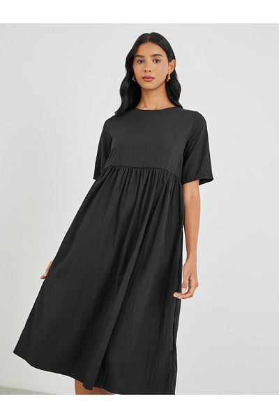 Take Two By Styli Solid Short Sleeve Round Neck A-Line Midi Dress