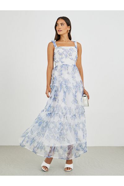Styli Floral Print Tie-Sleeve Tiered Maxi Dress