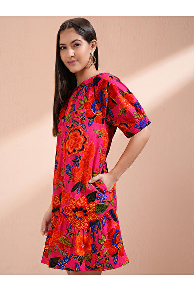 Vishudh By Styli Women Floral Print Puff Sleeves Cotton A-Line Mini Dress