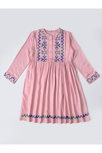 Bella Moda By Styli Embroidered 3/4 Sleeves Cotton Dress with Button Front