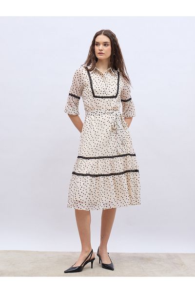 Styli Polka Dot Print Collared A-Line Midi Dress with Lace Detail