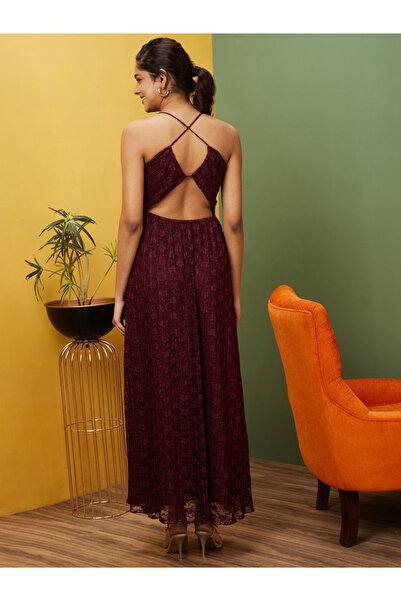 Globus By Styli Women Self Design V Neck A-Line Maxi Dress with Back Cut Out