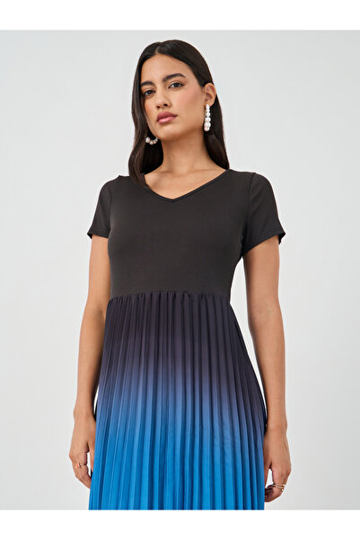 Keenly By Styli Ambre Print Pleated Short Sleeve Midi Dress