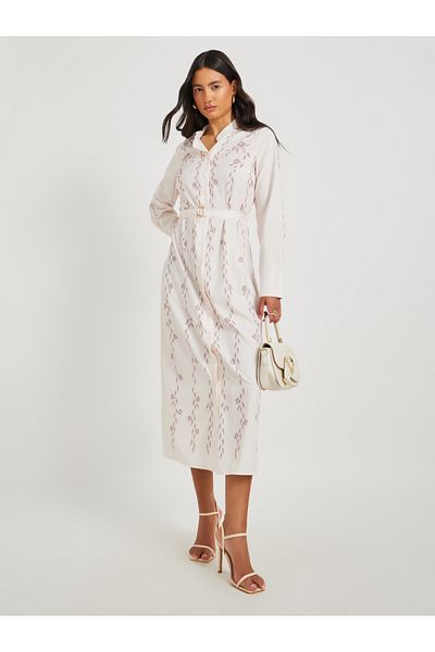 Styli Graphic Print Belted Shirt Midi Dress
