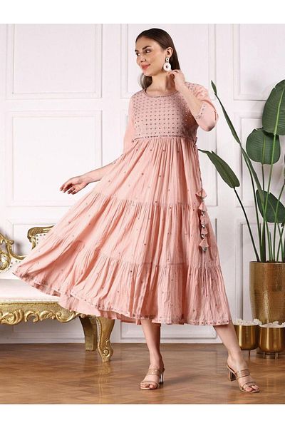 Ishin By Styli Women Peach Mirror Embroidered 3/4 Sleeve A-Line Midi Dress