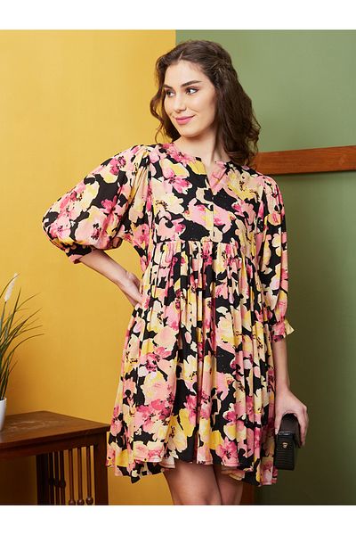 Globus By Styli Women Black Floral Printed Round Neck A-Line Mini Dress