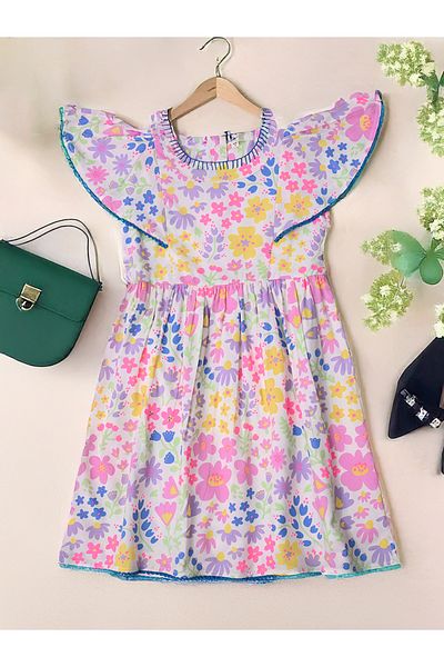Bella Moda By Styli Floral Print Flutter Sleeves Dress with Lace Detail