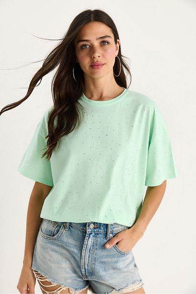 Bianco Lucci Women's Sequin Detailed Crew Neck Short Sleeve T-Shirt 3028 60283149
