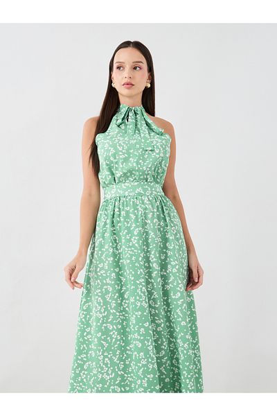 Styli Printed Sleeveless Midi Dress with Tie-Up Neck