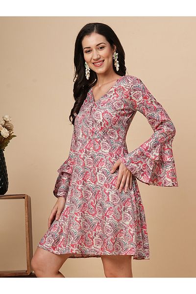 Globus By Styli Women Pink All-Over Print V Neck A-Line Mini Dress