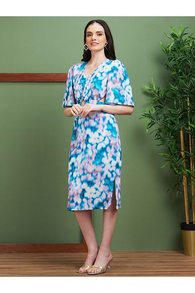 Globus By Styli Women Abstract Printed V Neck Sheath Midi Dress with Cut Out