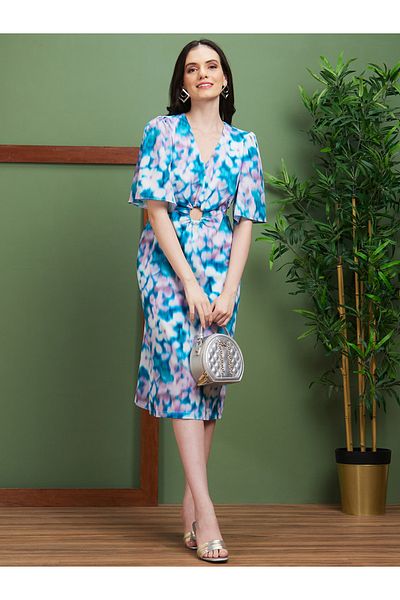 Globus By Styli Women Abstract Printed V Neck Sheath Midi Dress with Cut Out
