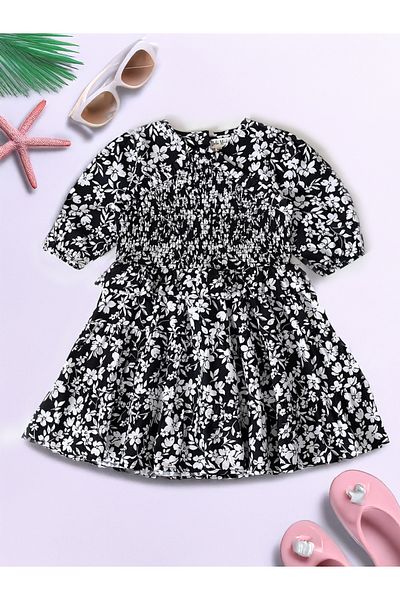 Bella Moda By Styli Floral Print Puff Sleeve Knee-Length Dress