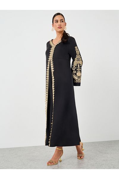 Keenly By Styli Embroidered Lace Trim Long Sleeve Maxi Dress
