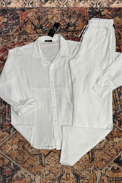 NO 601 Men's White Muslin Linen Blended Shirt & Muslin White Pant Suit