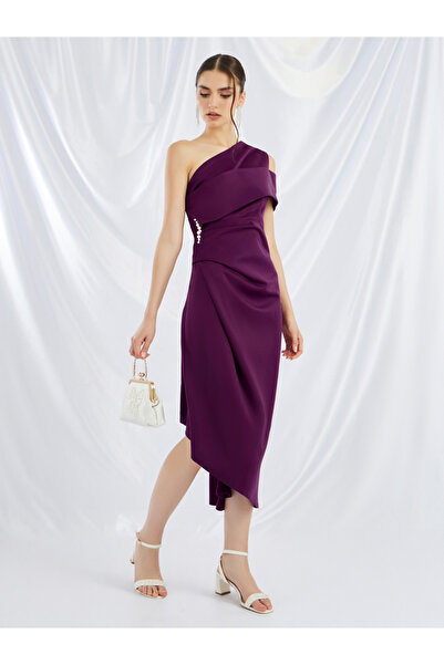 Keenly By Styli Embellished One Shoulder Asymmetric Hem Midi Dress