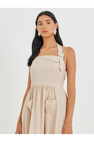 Styli Solid Halter Neck Midi Dress with Pocket Detail