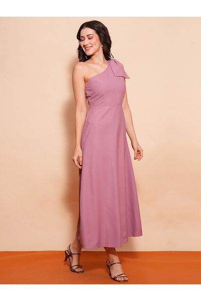 Globus By Styli Women Pink Solid One Shoulder A-Line Maxi Dress with Bow Detail