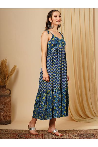 Globus By Styli Women Blue Floral Print Tie Sleeves A-Line Midi Dress