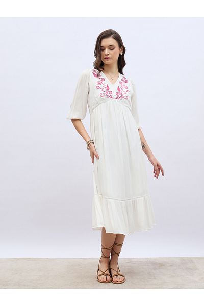 Styli Embroidered V Neck A-Line Midi Dress