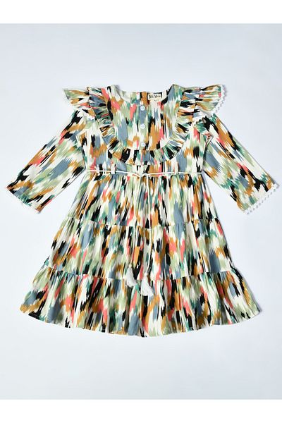 Bella Moda By Styli Abstract Print Ruffle Trim Tiered Dress with 3/4 Sleeves