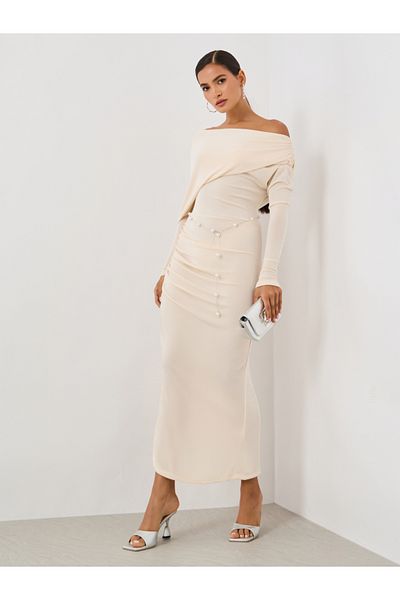 Styli Plain Long Sleeves Sheath Midi Dress with Pearl Belt