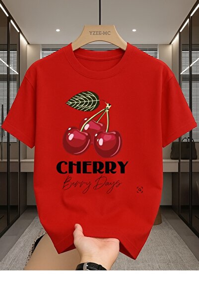 MEİLİFENG Cherry Bery Days Printed Unisex Crew Neck Cotton Oversize Boyfriend...