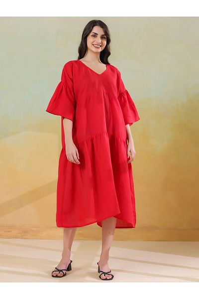 Sanskrutihomes By Styli Women Red Linen Blend V Neck A-Line Midi Dress