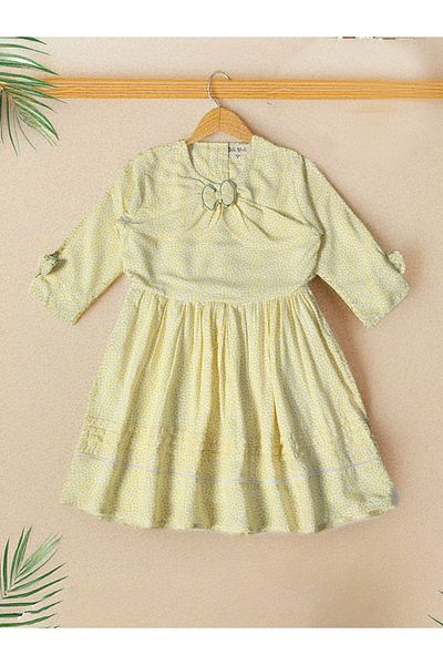 Bella Moda By Styli Lemon Print Gathered Cotton Dress with Bow Detail
