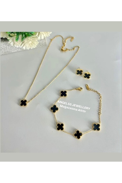 ANGELSS JEWELLERY Yonca Siyah Gold Kolye Bileklik Küpe Seti Van Cleeff (Yonca Model Kolye Bileklik Küpe)