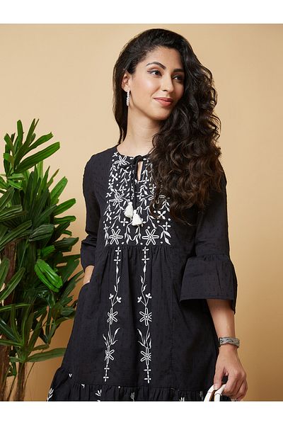 Globus By Styli Women Black Embroidered Tie-Up Neck A-Line Mini Dress