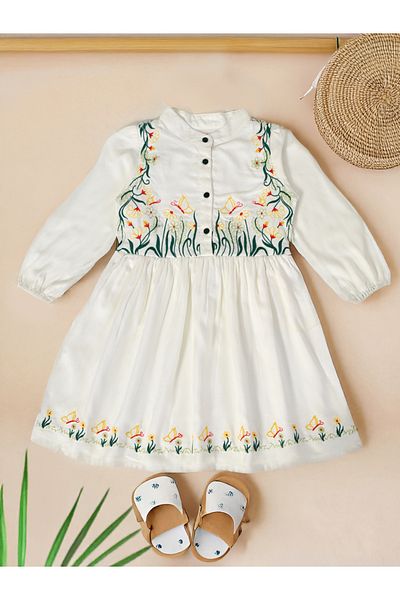 Bella Moda By Styli Floral Embroidered Buttoned Knee-Length Dress