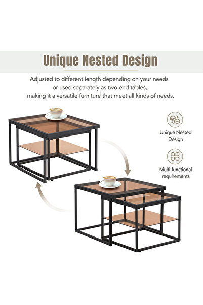 sharpdo Modern Nested Coffee Table Set,brown Tempered Glass Side Table,end Table For Living Room