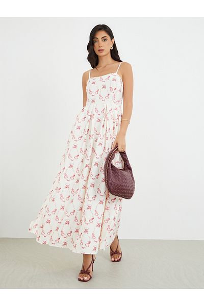Styli Floral Print Pleated Strappy A-Line Maxi Dress