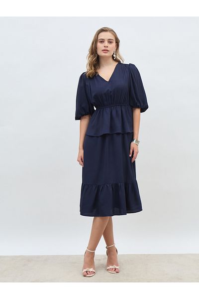 Styli Solid V Neck Peplum Style A-Line Midi Dress