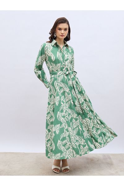 Styli Floral Print Buttoned Shirt Maxi Dress with Tie-Up Belt